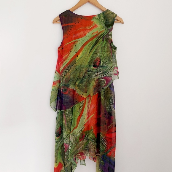 Floryday Multicolour Peacock Chiffon Layered Midi Hanky Hem Dress Size Small - Picture 4 of 6